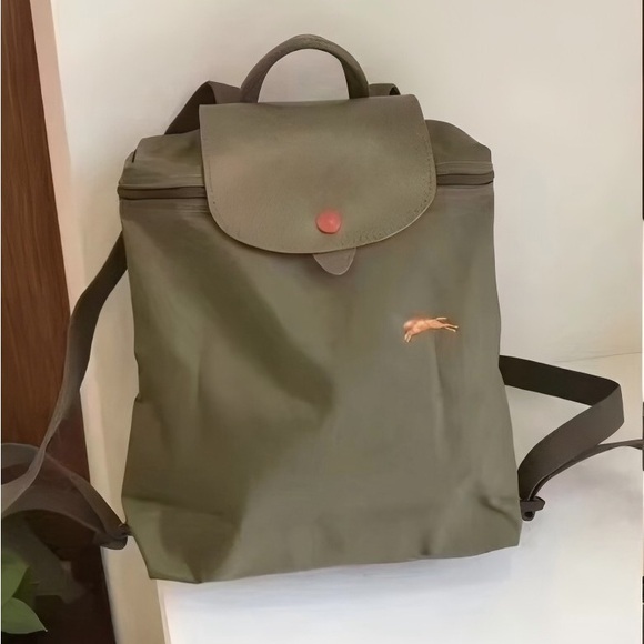 Longchamp Khaki Backpack with Red Button - Picture 1 of 3